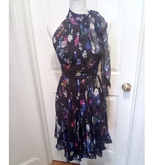 Milly Dresses & Skirts - Milly Dress 4 Black Blue Yellow Purple White Floral Watercolor Pleats Sleeveless